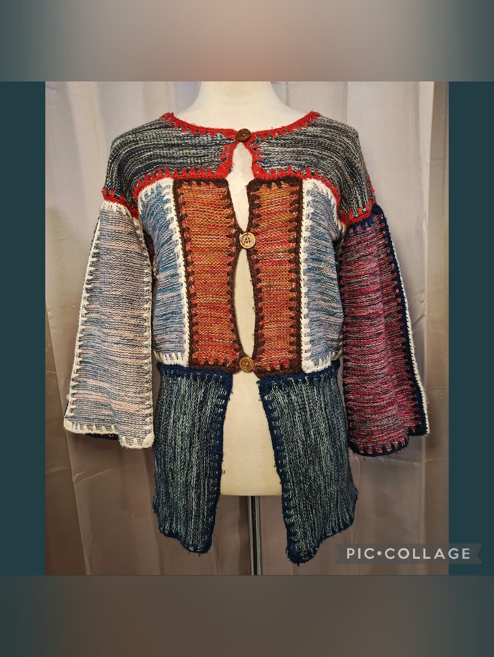 🧶🧵Vtg 70's Wenjilli Multicolor Mixed Media Patchwork Knit Cardigan Sweater🧵🧶